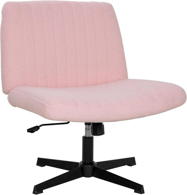 Criss Cross Chair, Armless Cross Legged Office Chair, Comfortable Vanity Chair with Back, Fabric Adjustable Wide Swivel Criss Cross Desk Chair for Home Office, Pink