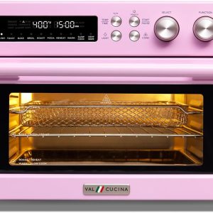 Retro Style Infrared Heating Air Fryer Toaster Oven, Extra Large Countertop Convection Oven 10-in-1 Combo, 6-Slice Toast, Enamel Baking Pan Easy Clean with Recipe Book, Classic Pink Color