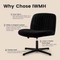 Criss Cross Chair, Velvet Cross Legged Office Chair no Wheels, Armless Wide Seat Desk Chair with Adjustable Height for Home, Vanity, Bedroom (Black) - Image 7