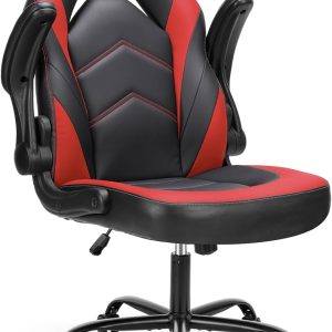 Sweetcrispy Computer Gaming Desk Chair - Ergonomic Office Executive Adjustable Swivel Task PU Leather Racing Chair with Flip-up Armrest for Adults, Kids, Men, Girls, Gamer, Black Red