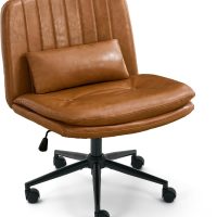 Dual Layer Criss Cross Legged Chair with Wheels, Comfy Rolling Office Desk Armless Chair with Pillows, Wide Swivel Vanity Chairs Computer Task Chair for Makeup, Bedroom (PU Leather Brown) - Image 9