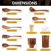 Eco-Friendly Wooden Kitchen Utensil Set – 11-Piece Olive, Teak & Acacia Wood Cooking Tools with Holder & Canvas Bag – Includes Slotted Spoon, Ladle, Spaghetti Server, Flat & Slotted Spatulas, Spoon - Image 2