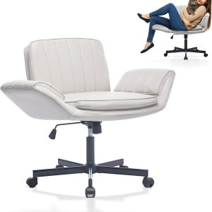 Wide Criss Cross Chair with 5-Gear Adjustable Armrests & Wheels, Leather Vanity Chair, Comfy Swivel Height Adjustable Desk Chair for Home Office, Make Up, Living Room and Bed Room (Beige)