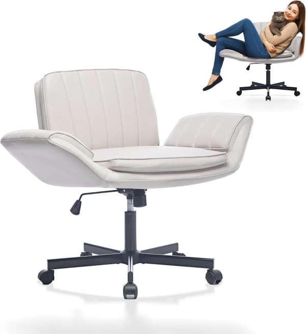 Wide Criss Cross Chair with 5-Gear Adjustable Armrests & Wheels, Leather Vanity Chair, Comfy Swivel Height Adjustable Desk Chair for Home Office, Make Up, Living Room and Bed Room (Beige)