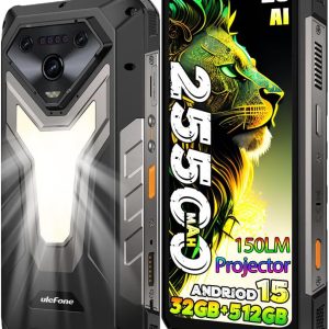 Ulefone Armor 34 PRO 5G AI Rugged Smartphone with Projector.25500mAh(66W),32GB+512GB Andriod 15 Phone,6.95 FHD+ IP68 Waterproof,64MP+50MP+50MP Camera,1100 LMS LED Light,Widevine L1,NFC,IR Blaster
