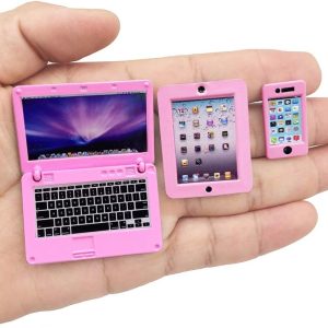 3 Pack Dollhouse Mini Laptop Tablet and Smart Phone Scene Computer Simulation Accessories for Doll 1/6 1/12 Miniatures Silver