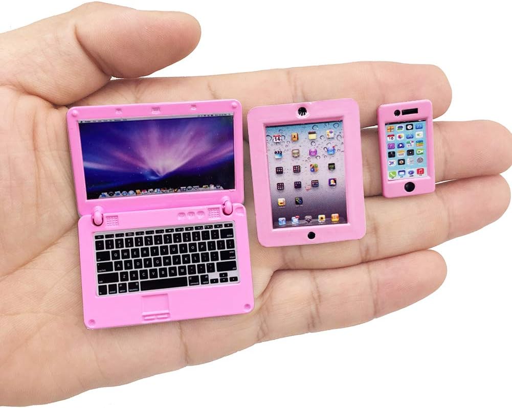 3 Pack Dollhouse Mini Laptop Tablet and Smart Phone Scene Computer Simulation Accessories for Doll 1/6 1/12 Miniatures Silver