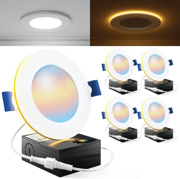 Sunco 4 Inch LED Recessed Lights with Night Light, Slim Ceiling Lighting, 900 LM, 11W (110W Equiv), Selectable CCT 2700K/3000K/3500K/4000K/5000K, Dimmable, Canless with Junction Box ETL 4 Pack