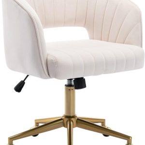 Home Office Chair Swivel Velvet Desk Chair Accent Armchair Upholstered Modern Tufted Chairs with Gold Base for Girls Women Ergonomic Study Seat Computer Task Stools for Living Room(Cream)