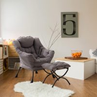 LITA Lazy Chair with Ottoman, Modern Accent Leisure Upholstered Lazy Sofa Armchair, Contemporary Lounge Reading Chair with Armrests and a Side Pocket for Living Room, Bedroom & Small Space, Dark Grey - Image 8