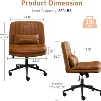 Dual Layer Criss Cross Legged Chair with Wheels, Comfy Rolling Office Desk Armless Chair with Pillows, Wide Swivel Vanity Chairs Computer Task Chair for Makeup, Bedroom (PU Leather Brown) - Image 2
