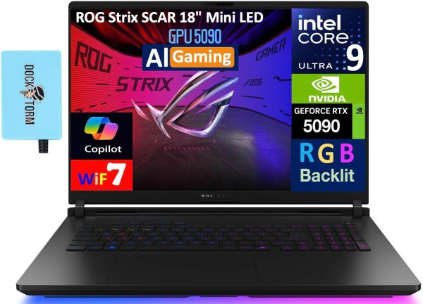 ASUS ROG Strix Scar AI Gaming Laptop 18" 240Hz Mini LED WQXGA Display (Intel Ultra 9-275HX, GeForce RTX 5090 24GB, 64GB DDR5, 4TB PCIe SSD, RGB KB, Win 11 Pro) w/DKZ USB Port Expander