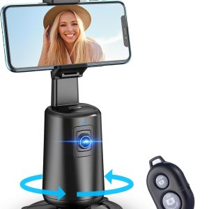 Auto Face Tracking Tripod 360° Rotating Cell Phone Photo and Video Kits Stand, No App, Camera Stand with Remote and Gesture Control, Rechargeable Smart Shooting Stand for Live Recording Tiktok（Black）