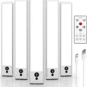 EZVALO 5 Pack Under Cabinet Lighting, Rechargeable Motion Sensor Light, LED Closet Lights Wireless, 5700K Dimmable, Timer, Magnetic, with Remote Control for Kitchen, Closet, Stair