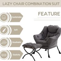 LITA Lazy Chair with Ottoman, Modern Accent Leisure Upholstered Lazy Sofa Armchair, Contemporary Lounge Reading Chair with Armrests and a Side Pocket for Living Room, Bedroom & Small Space, Dark Grey - Image 4
