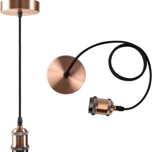 Vintage Mini Pendant Light Kit - UL E26 Lamp Socket - Industrial Edison Retro Ceiling Hanging Pendant Fixture - DIY Chandelier Decor Kit Adjustable Woven Pendant Light Cord (Copper)