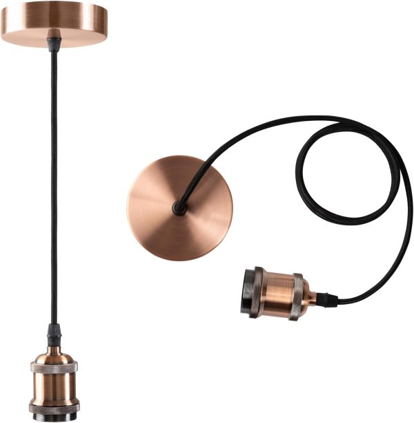 Vintage Mini Pendant Light Kit - UL E26 Lamp Socket - Industrial Edison Retro Ceiling Hanging Pendant Fixture - DIY Chandelier Decor Kit Adjustable Woven Pendant Light Cord (Copper)