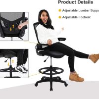 Drafting Chair Ergonomic Tall Office Chair Standing Desk Chair with Flip Up Arms Foot Rest Back Support Adjustable Height Mesh Drafting Stool, Black - Image 3