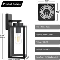 Outdoor Wall Light Fixtures, Exterior Waterproof Lanterns, Porch Sconces Wall Mounted Lighting with E26 Sockets & Glass Shades, Modern Matte Black Wall Lamps for Patio Front Door Entryway, 2-Pack - Image 7