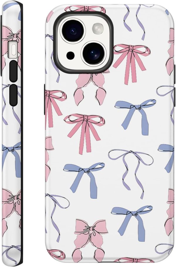 Cute Bow Phone Case for iPhone 13 / iPhone 14 Case 6.1", Aesthetic Coquette Ribbon Bowknot Pattern Print Design 2-in-1 Matte Phone Cover Shockproof Soft TPU Hard PC Protection Girls Women Funda