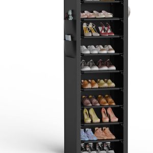 VTRIN Vertical Narrow Shoe Rack Organizer Tall Shoe Rack for Closet Entryway 10 Tier Non-Woven Cover Shoe Shelf Holds 20-22 Pairs Free Standing Shoe Storage Cabinet with Dustproof Cover, Black