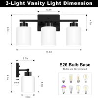 Black Bathroom Light Fixtures, 3-Light Modern Vanity Light Over Mirror, Wall Sconces with Milky White Frosted Glass Shades, E26 Socket (Bulbs Not Included) - Image 2