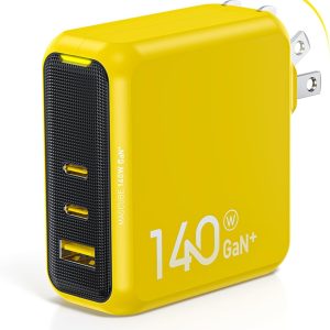 AOHI Magcube 140W USB C Charger PD3.1 3-Port GaN+ Laptop Wall Charger 100W Fast Charging Power Adapter Foldable Plug for MacBook Pro 16'', Dell XPS, iPad Pro, Galaxy, iPhone 15 Pro, Chromebook, Yellow