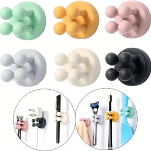 2 Pcs Multi-Function Hooks Self Adhesive Silicone Toothbrush Holders Wall Mounted Single Hook for Hanging Key, Utility Plug Holder for Bathroom Kitchen Living Room Office, Black