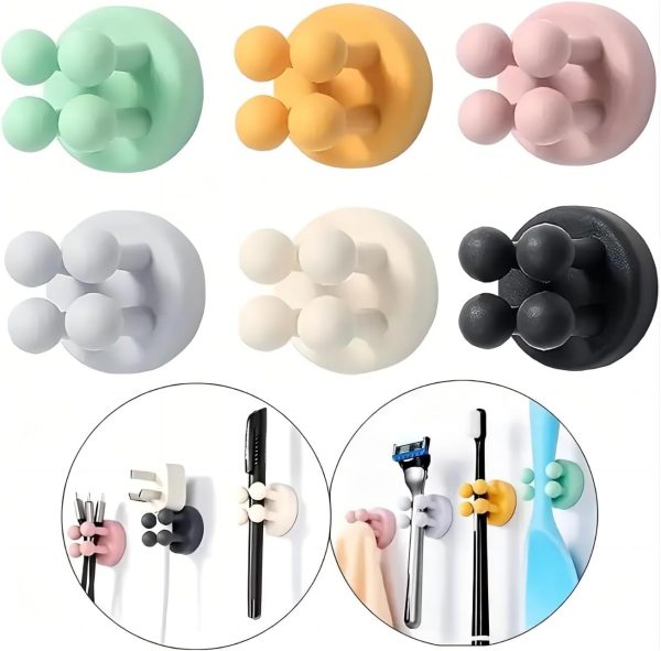 2 Pcs Multi-Function Hooks Self Adhesive Silicone Toothbrush Holders Wall Mounted Single Hook for Hanging Key, Utility Plug Holder for Bathroom Kitchen Living Room Office, Black