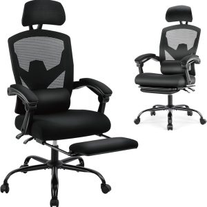 DUMOS Home Office Desk Chair with Footrest, High-Back Mesh Rolling Swivel Reclining Chairs with Wheels, Comfortable Headrest, Lumbar Support, Comfy Arms for Home, Office, Gaming, Student, Inky