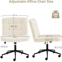 Criss Cross Legged Chair, Faux Fur Upholstered Office Chair with Wheels, Adjustable Armless Desk Chair with Wide Thicken Seat, Computer Chairs for Living Room, Study Room, Home Office, IvoryWhite - Image 2