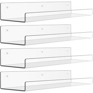 upsimples 6 Pack Acrylic Shelves for Wall Storage, 15" x 4“ Floating Bookshelves for Kids, Display Shelf Organizer for Bathroom, Bedroom, Living Room, Kitchen, Room Decor, Clear