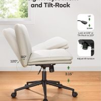 Marsail Armless-Office Desk Chair with Wheels: PU Leather Cross Legged Wide Chair,Comfortable Adjustable Swivel Computer Task Chairs for Home,Office,Make Up,Small Space,Bed Room(Light Beige) - Image 6