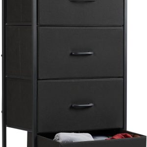 Sweetcrispy Nightstand Small Bedroom Dresser with 4 Fabric Drawers, Bed Side Furniture End Table, Wooden Top Cabinet Night Stand Dresser for Closet, Entryway, Dorm, Black