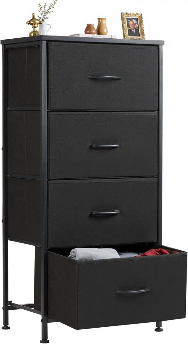 Sweetcrispy Nightstand Small Bedroom Dresser with 4 Fabric Drawers, Bed Side Furniture End Table, Wooden Top Cabinet Night Stand Dresser for Closet, Entryway, Dorm, Black