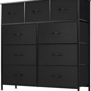 DUMOS Dresser for Bedroom, Storage Organizer with 9 Drawers, Chest of Drawers with Fabric Bins, Sturdy Metal Frame, Wood Tabletop for Guest Room, Closet, Entryway, Nursery