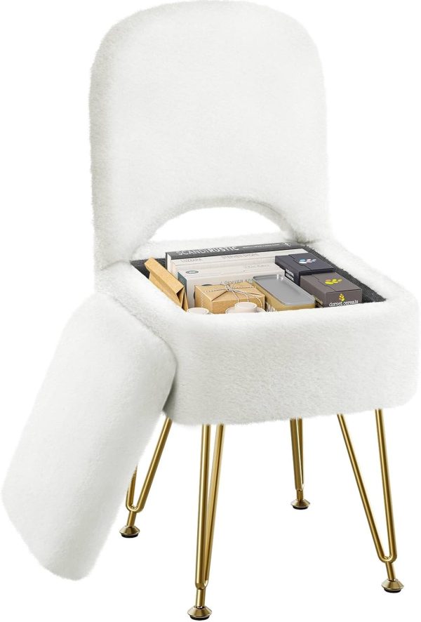 GREENSTELL Vanity Stool Chair with Storage and Folding Back, 13.4" x 15" x 30" Square Faux Fur Soft Ottoman, 4 Metal Legs with Anti-Slip Feet, Furry Padded Seat for Makeup, Bedroom, White
