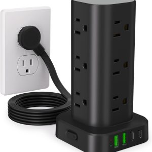 Power Strip Tower with Multiple Outlets, Flat Plug Surge Protector Tower Extension Cord with 12 AC Outlets 4 USB Ports (2 USB C), 6FT Cord Power Tower Surge Protector for Home Office Dorm Room, Black