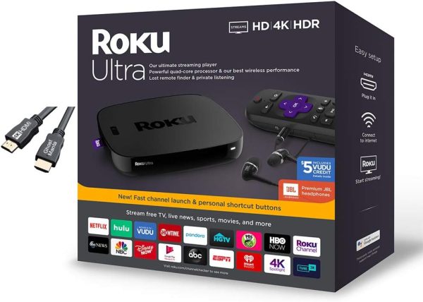 Roku Ultra Streaming Media Player 4K/HD/HDR Premium JBL Headphones w/Ghost Manta 4K HDMI Cable