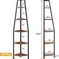Furnulem 5 Tier Corner Shelf with LED Light, 67.2” Tall Standing Shelf for Wall Corner, Narrow Bookshelf Ladder Shelf for Bedroom, Living Room, Plant, Wood Storage Rack, Metal Frame (Rustic Brown) - Image 2