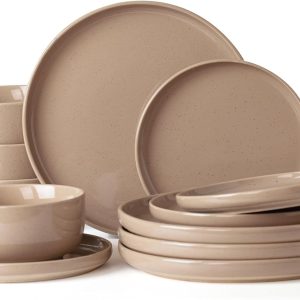 Famiware Milkyway Plates and Bowls Set, 12 Pieces Dinnerware Sets, Dishes Set for 4, Cinnamon Brown