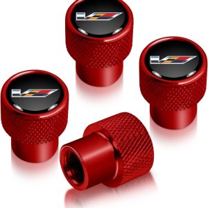 for Cadillac V Logo in Black on Red Aluminum Tire Valve Stem Caps - Official Licensed