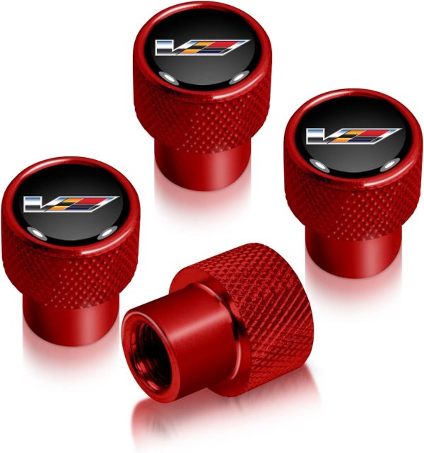 for Cadillac V Logo in Black on Red Aluminum Tire Valve Stem Caps - Official Licensed