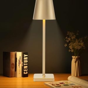 HASUN Gold Cordless Table Lamp, Aluminum Shell LED Rechargeable Desk Lamp, 3W 5200mAh Battery Operated Table Light, 3 Color Stepless Dimming Up Waterproof for Living Room/Indoor/Outdoor (Gold)