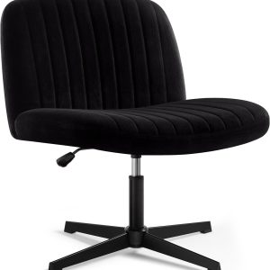 Criss Cross Chair, Velvet Cross Legged Office Chair no Wheels, Armless Wide Seat Desk Chair with Adjustable Height for Home, Vanity, Bedroom (Black)