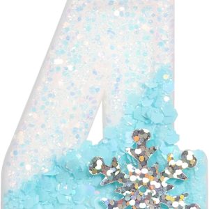 Sky Blue Frozen Themed Birthday Candles, Snowflake Number Candles for Kids Adults Birthday Party Supplies, 2.76 inch Number 4 Candle Cake Topper Decorations (Number 4)