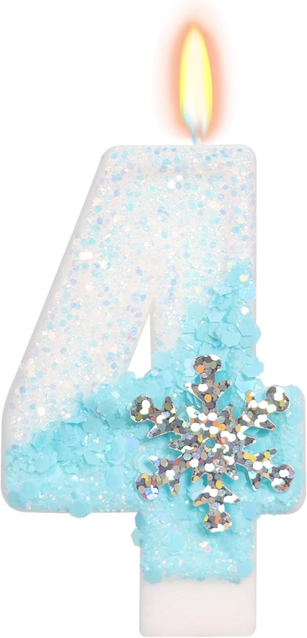 Sky Blue Frozen Themed Birthday Candles, Snowflake Number Candles for Kids Adults Birthday Party Supplies, 2.76 inch Number 4 Candle Cake Topper Decorations (Number 4)