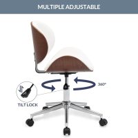 BELLEZE Mid-Century Modern Desk Chair, Contemporary Office Bentwood Style Wingback Seating, Minimalist Adjustable Vintage Replica with Swivel, Faux Leather and Walnut - Avalon (White) - Image 5