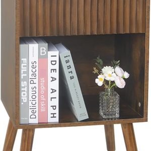 Mid Century Modern Nightstand, Wood Bedside Table with Drawer and Opening Storage, End Table Living Room Fluted Night Stand with Solid Wood Legs for Bedroom (Rustic Brown)