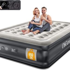 OhGeni Air Mattress Queen with Built in Pump, Inflatable Blow Up Mattress 18 Raised Comfort,Upgraded Surface Portable Mattress, Air Bed for Camping, Home and Guest, Colchone Inflable, 650 lbs Max